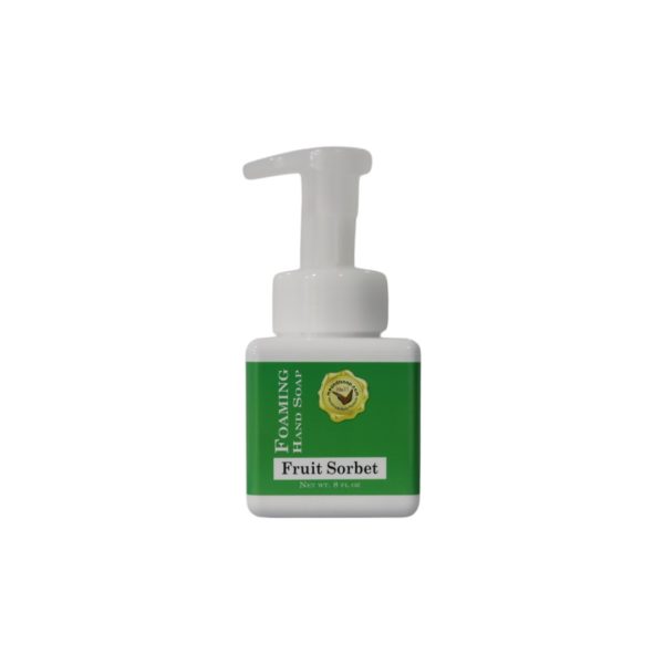 Fruit Sorbet Foaming Hand Soap shown in a square, white bottle with an emerald green label