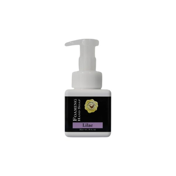 Lilac Foaming hand soap in a white bottle with a simple black label with a purple accent