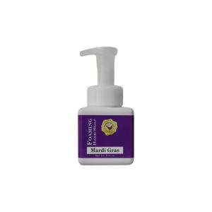 Mardi Gras Foaming Hand Soap in a square white dispenser bottle and a simple festive purple label
