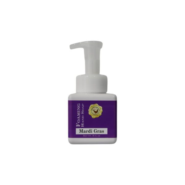 Mardi Gras Foaming Hand Soap in a square white dispenser bottle and a simple festive purple label