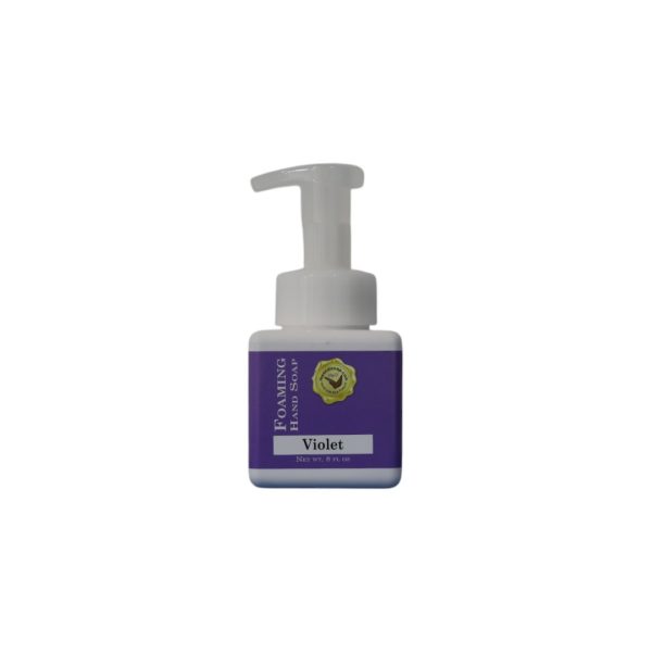 Image of a violet foaming hand soap in a square white bottle with a simple elegant purple label